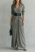 Solenzia - Robe chemise maxi à taille plissée (ceinture incluse)