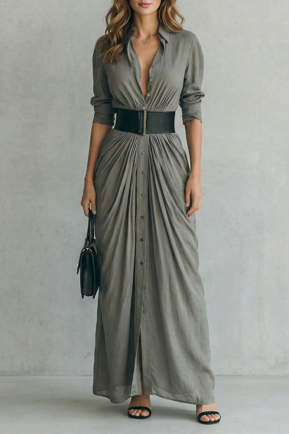 Solenzia - Robe chemise maxi à taille plissée (ceinture incluse)