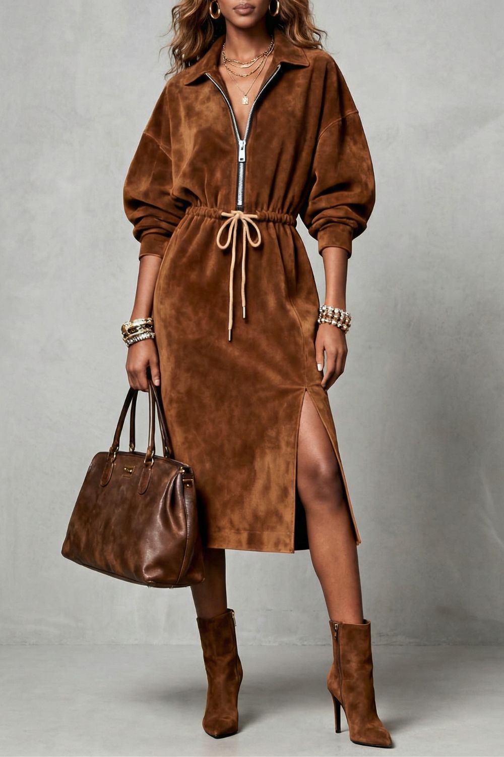Robe midi zippée Zanetta - Taille élastiquée avec cordon de serrage