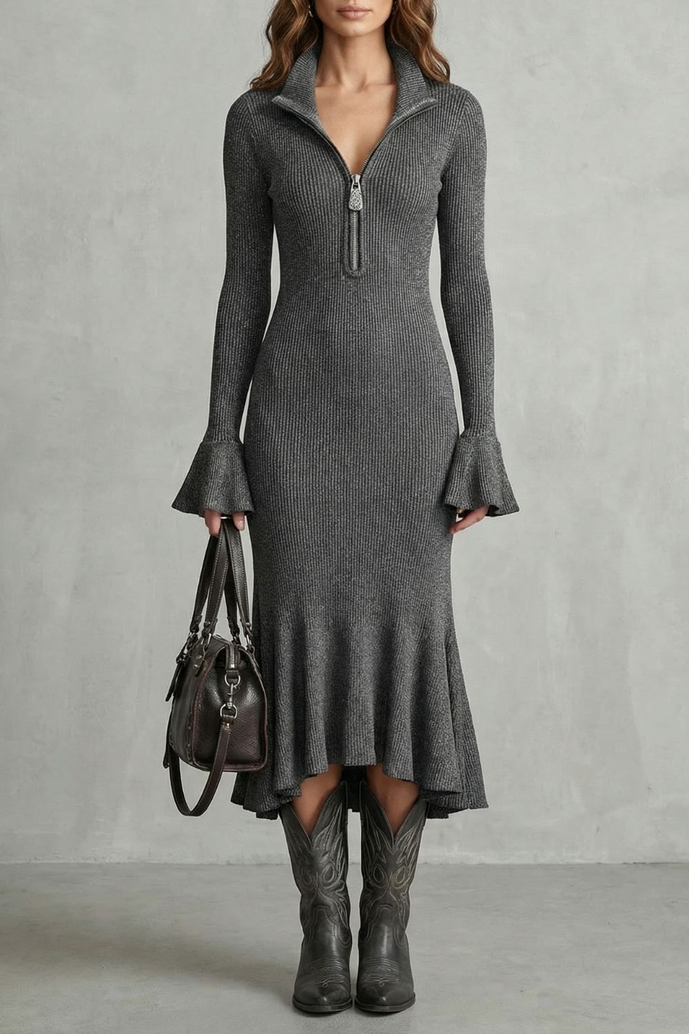 Veloria – Élégance à poignets évasés – Robe midi zippée