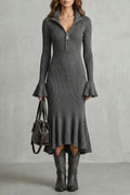 Veloria – Élégance à poignets évasés – Robe midi zippée