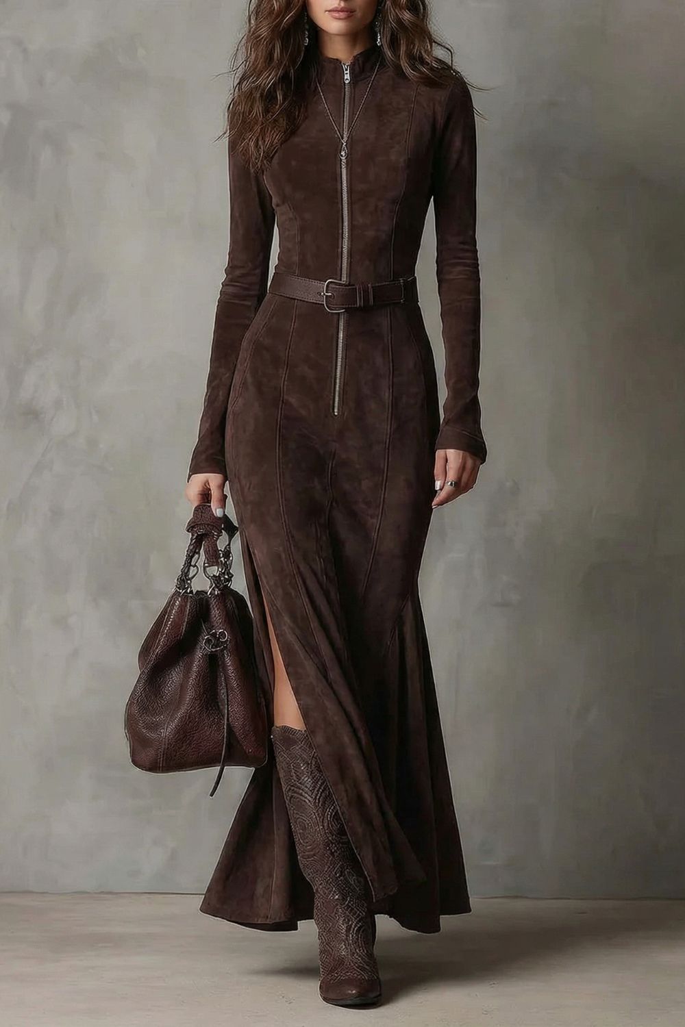 Raviona – Robe longue zippée en daim avec ceinture (ceinture incluse)
