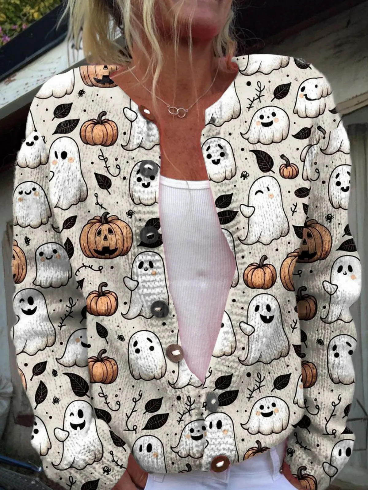 Funny Ghost Halloween | Art Print | Buttoned Cardigan Sweater 