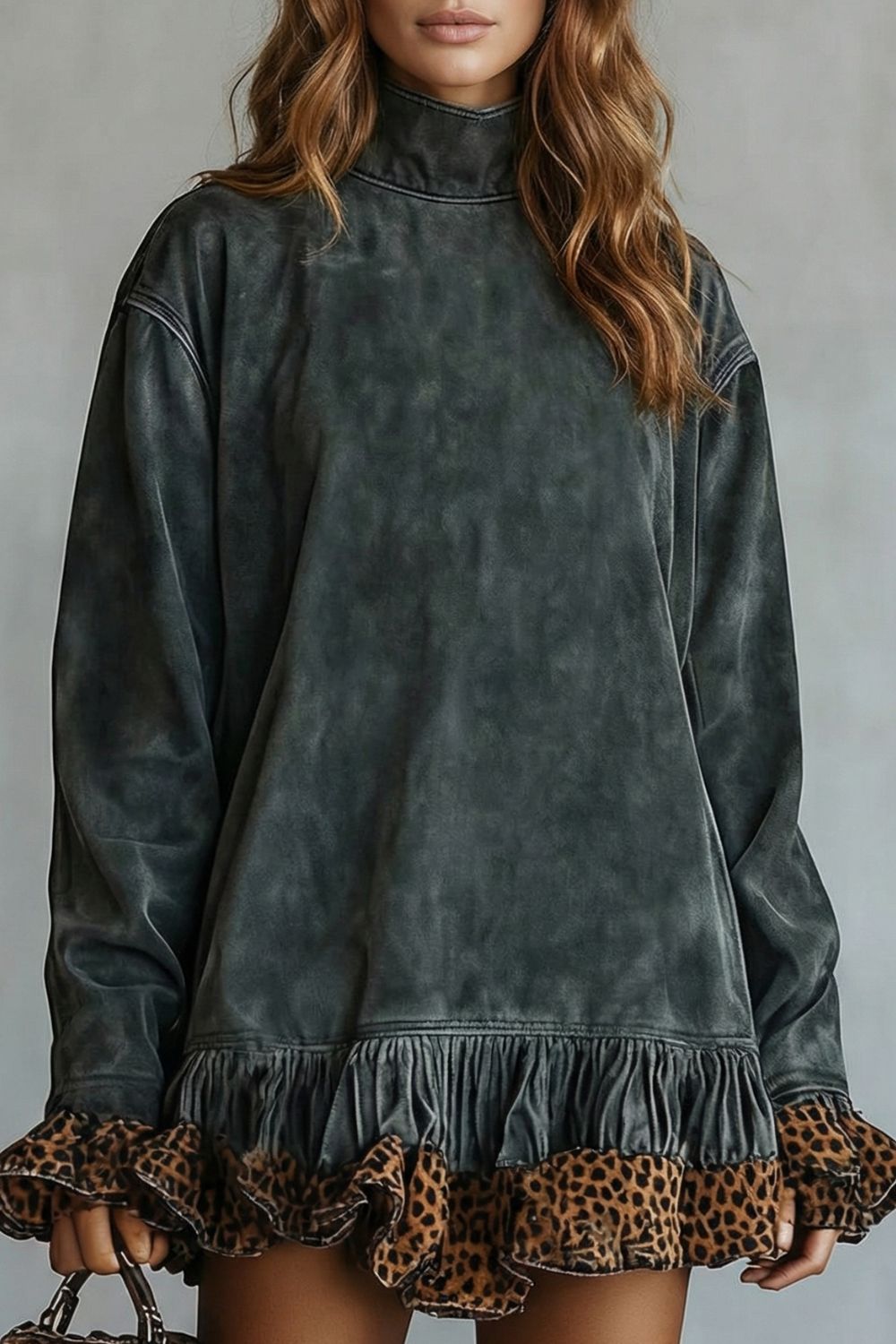 Robe courte en daim Selvatta à volants et bordure léopard