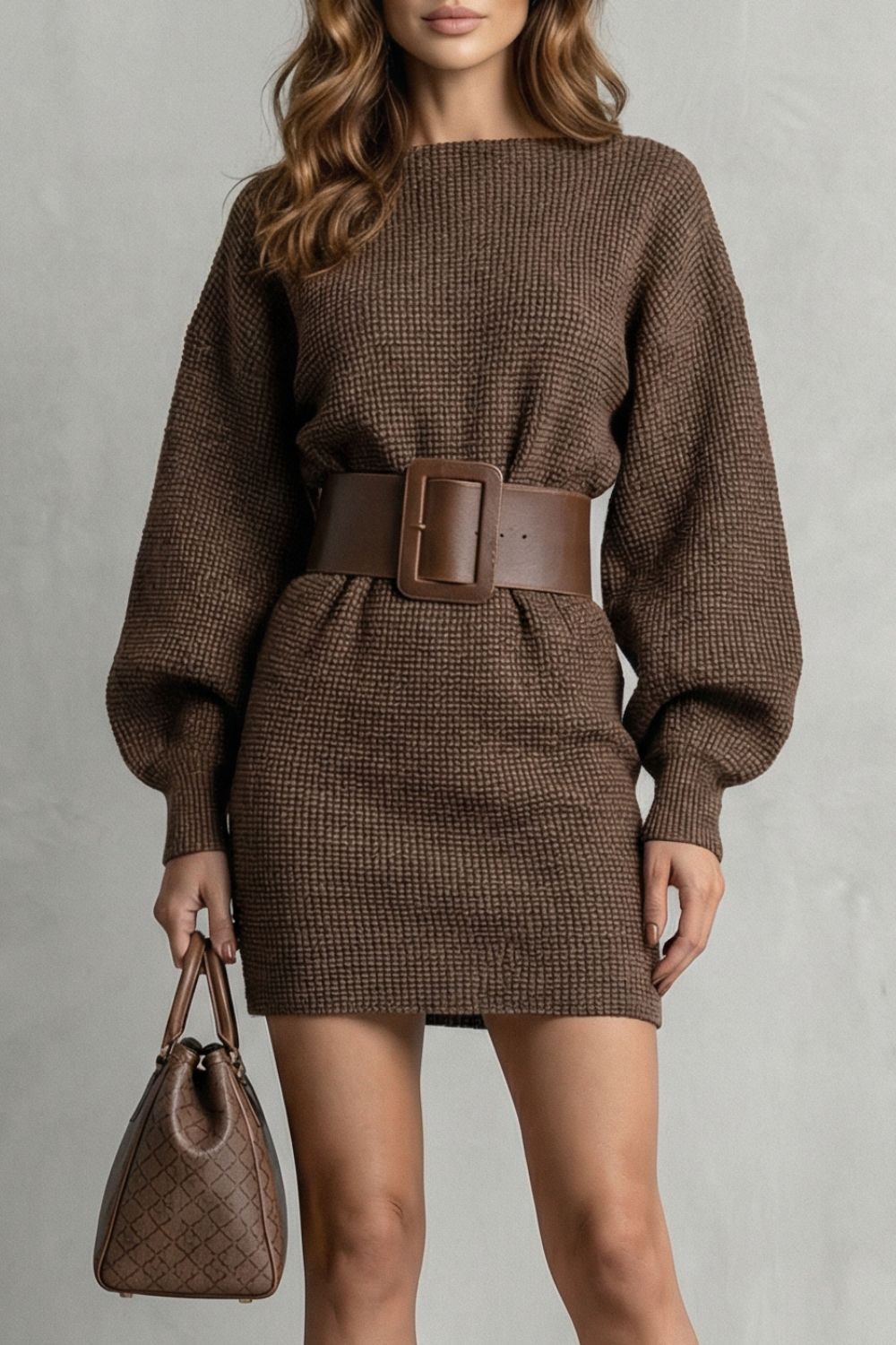 Aderisse – Robe mini ceinturée en maille structurée (ceinture incluse)