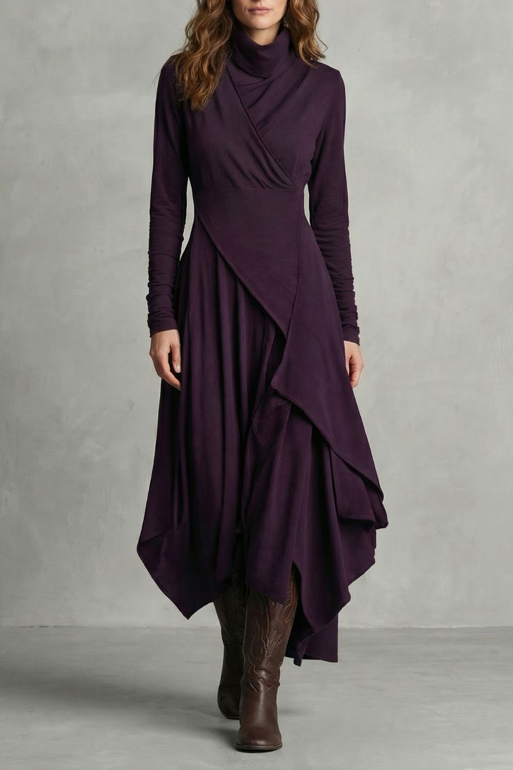 Sorellia - Robe midi asymétrique drapée à col montant