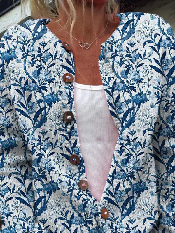 Gilet cardigan bleu élégant à imprimé floral et boutons