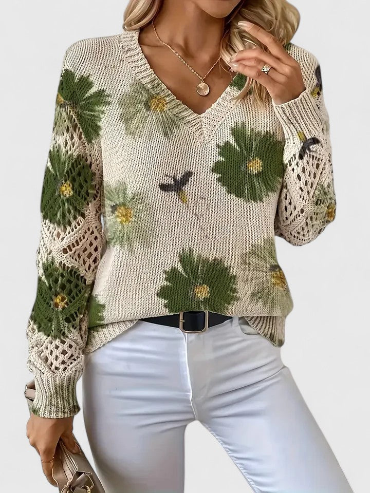 LOVENA | elegant sweater with floral pattern, full sleeves, feminine cut