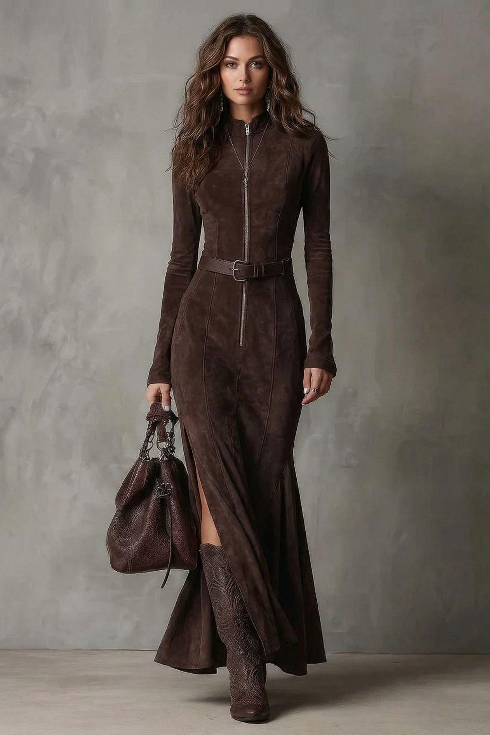 Raviona – Robe longue zippée en daim avec ceinture (ceinture incluse)