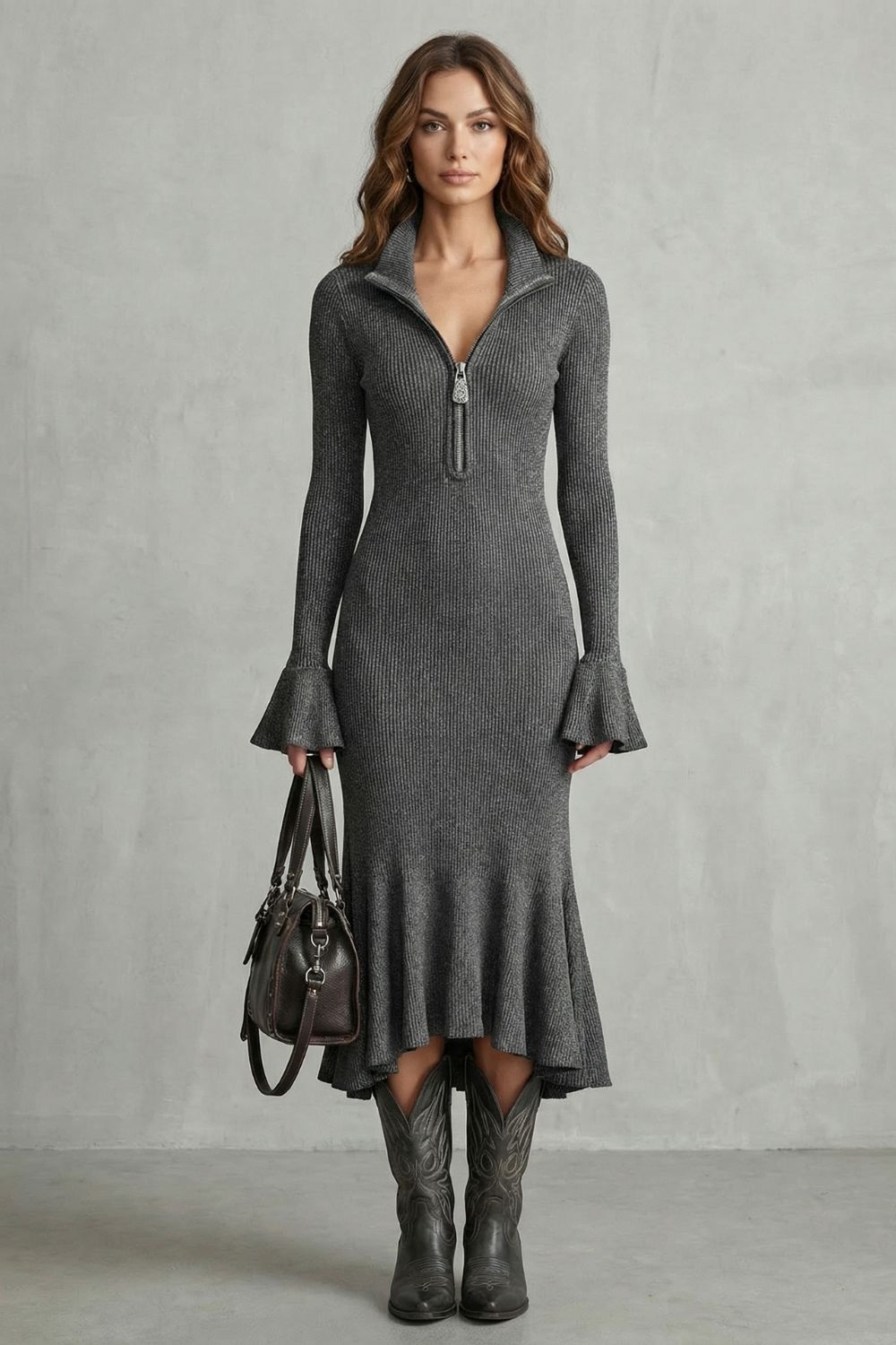 Veloria – Élégance à poignets évasés – Robe midi zippée