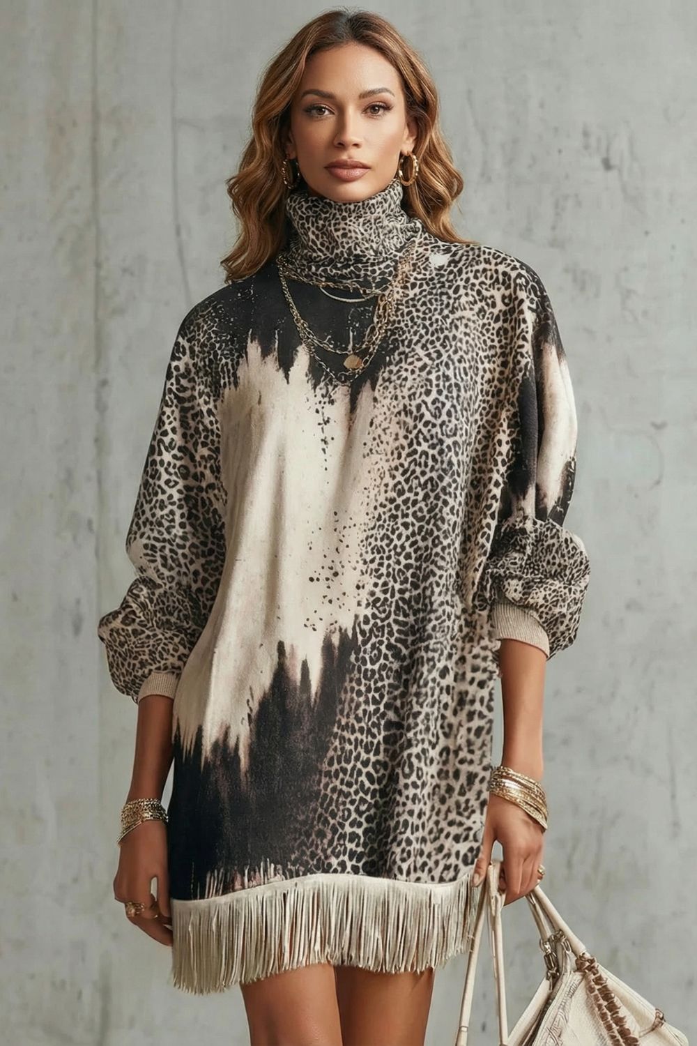 Robe courte léopard Solenne - Ourlet à franges