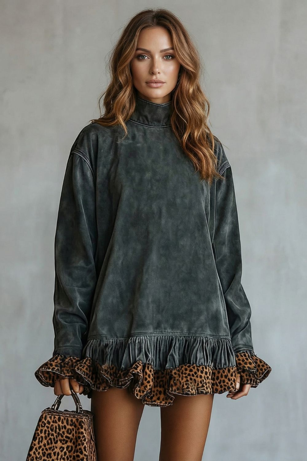 Robe courte en daim Selvatta à volants et bordure léopard