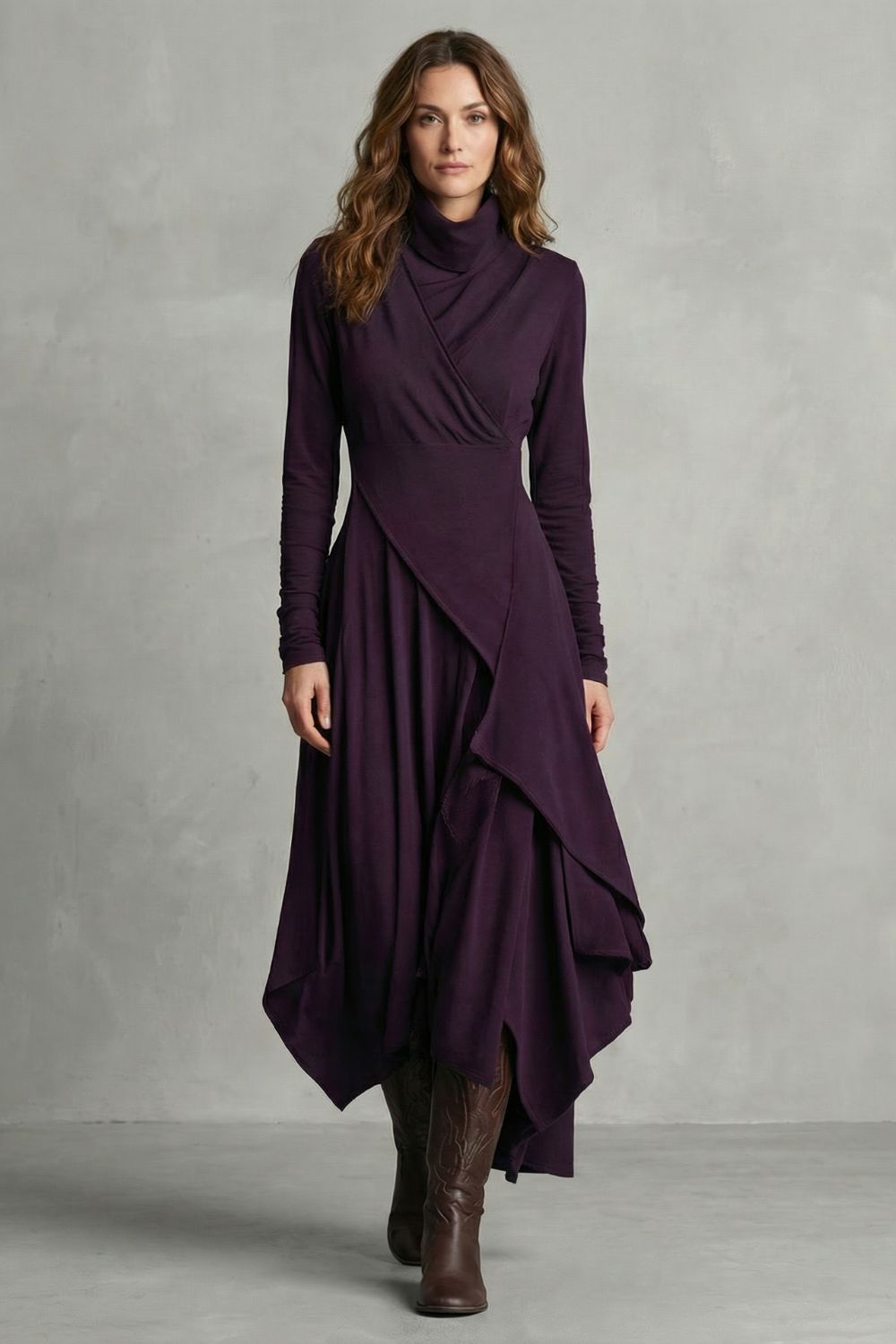 Sorellia - Robe midi asymétrique drapée à col montant