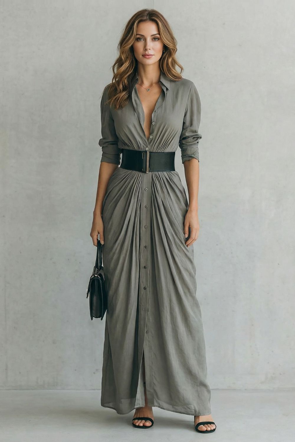 Solenzia - Robe chemise maxi à taille plissée (ceinture incluse)
