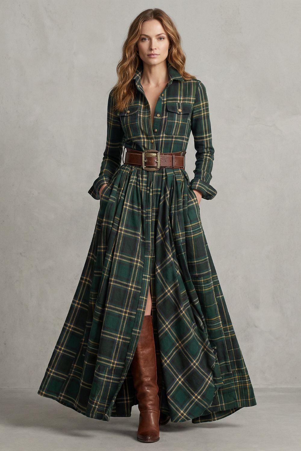 Velerine – Charme des Highlands – Robe-chemise longue à carreaux (ceinture incluse)
