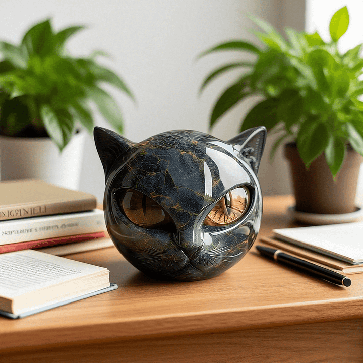 NyxCharm - Sculpture de tête de chat noir mystique