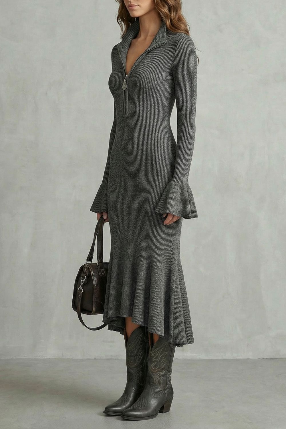 Veloria – Élégance à poignets évasés – Robe midi zippée