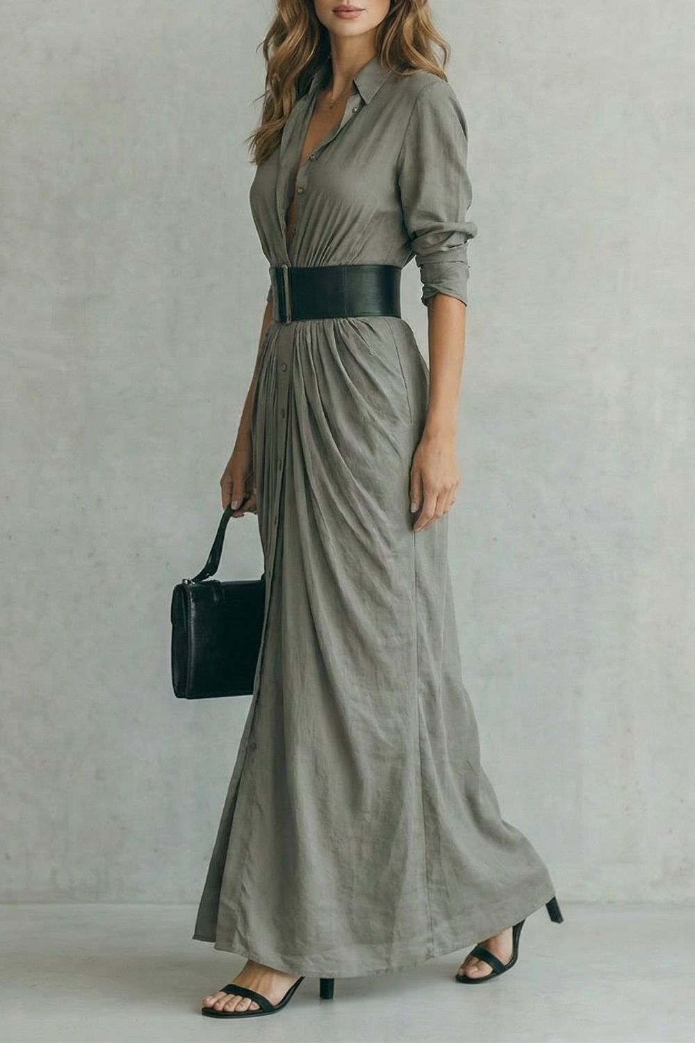 Solenzia - Robe chemise maxi à taille plissée (ceinture incluse)