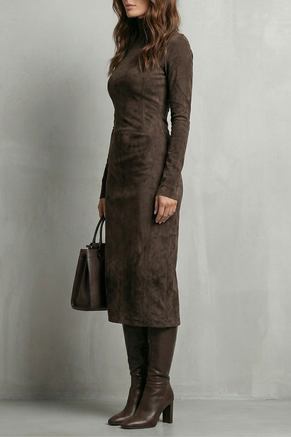 Levrène – Robe midi à col roulé effet daim sculpté