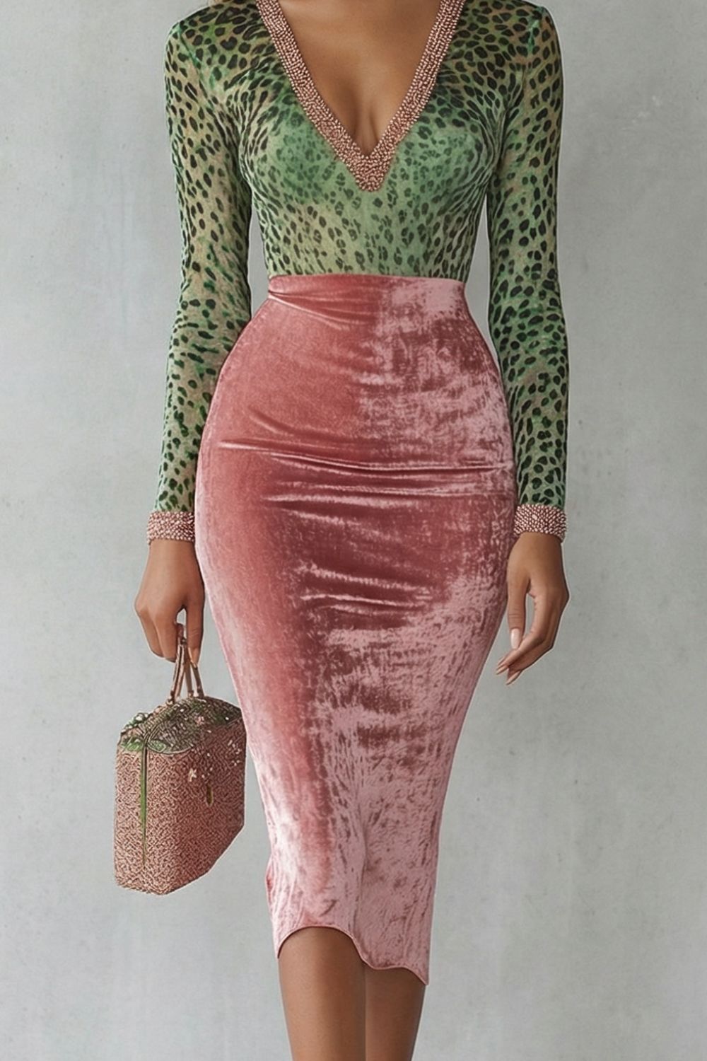 Virelline – Robe midi moulante en velours léopard contrasté