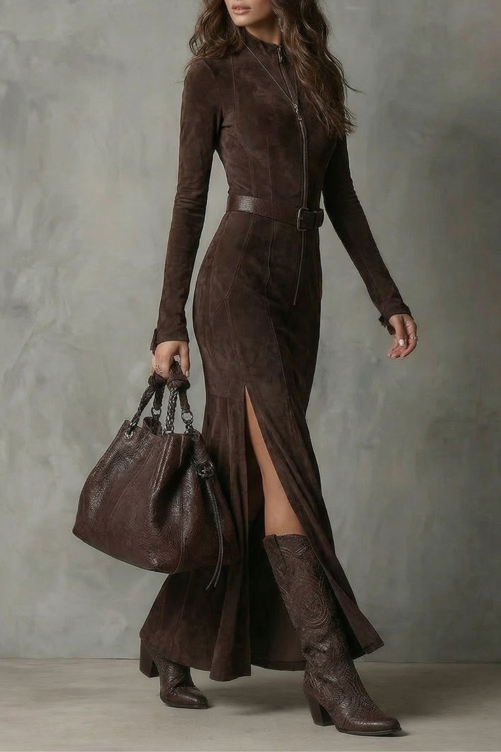 Raviona – Robe longue zippée en daim avec ceinture (ceinture incluse)