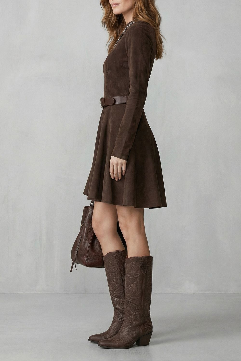 Cavellina – Robe mini effet daim ceinturée (Ceinture incluse)