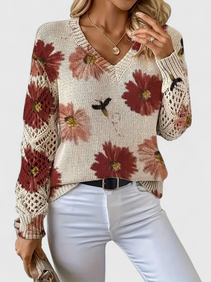 LOVENA | elegant sweater with floral pattern, full sleeves, feminine cut