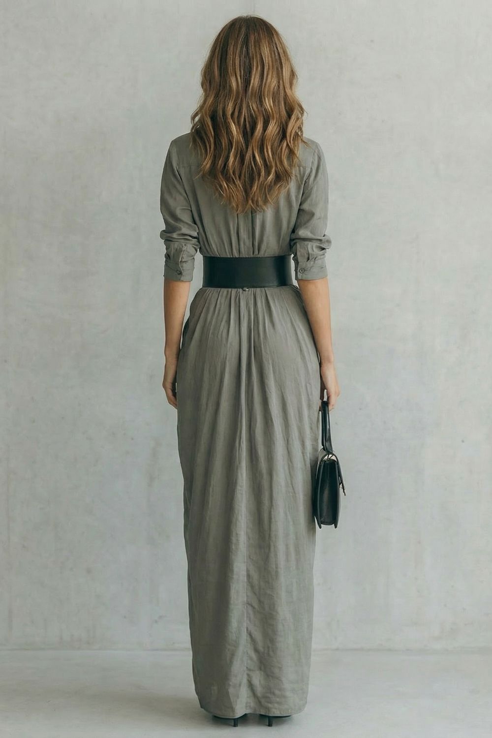 Solenzia - Robe chemise maxi à taille plissée (ceinture incluse)