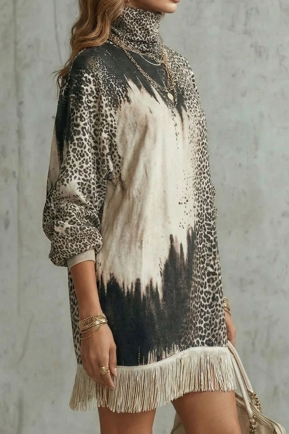 Robe courte léopard Solenne - Ourlet à franges