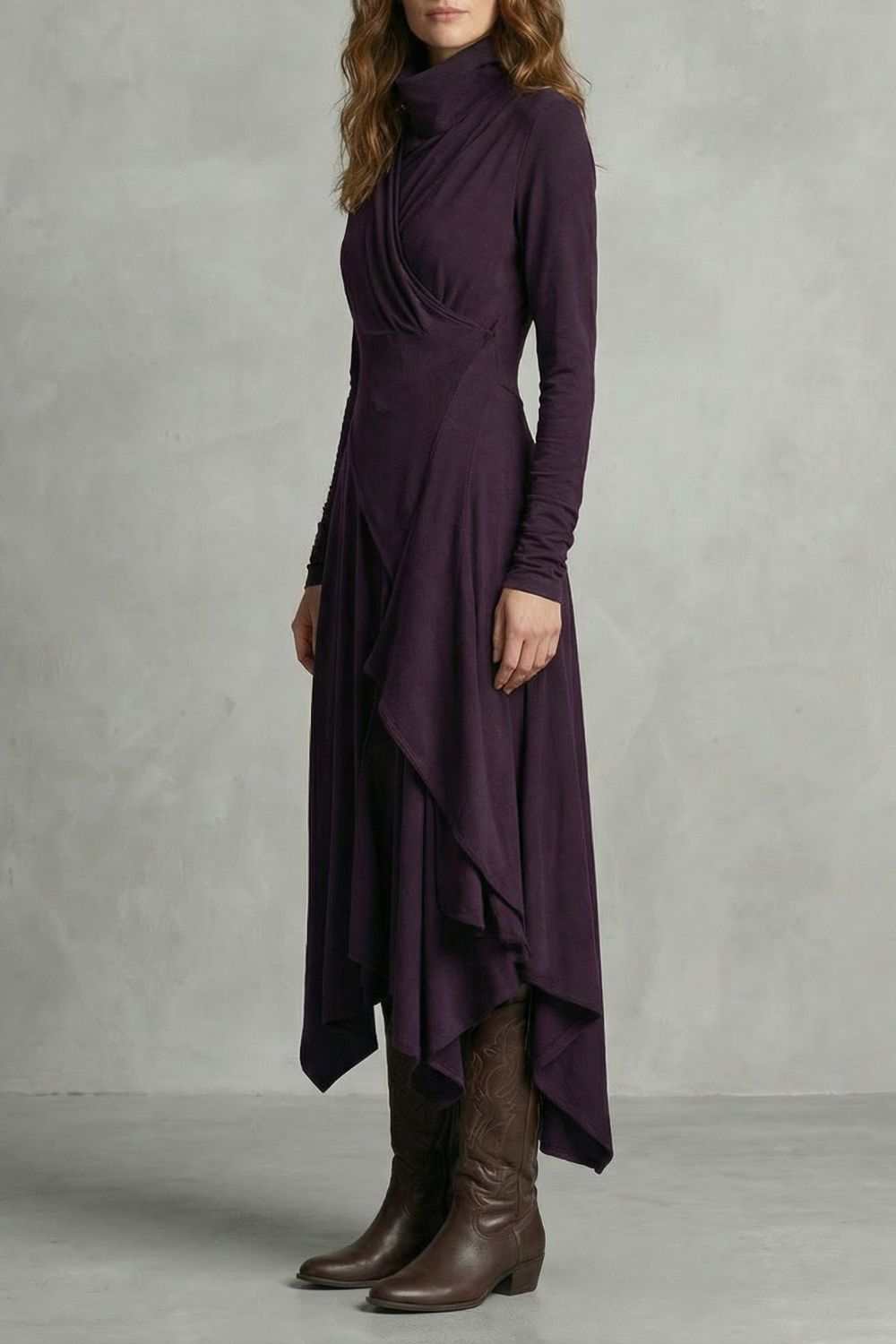 Sorellia - Robe midi asymétrique drapée à col montant