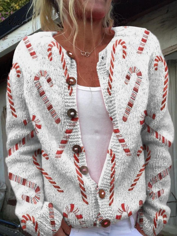 Pull cardigan boutonné à motif festif de cannes de Noël