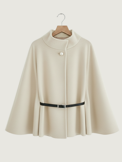 Wool Blend Belted Poncho Cape