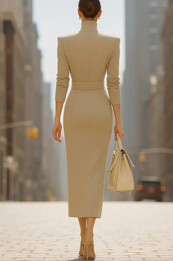Robe midi élégante à col en V, manches longues, taille haute et coupe ajustée