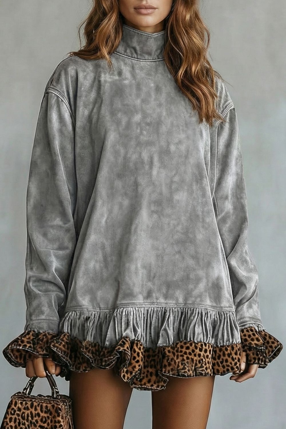 Robe courte en daim Selvatta à volants et bordure léopard