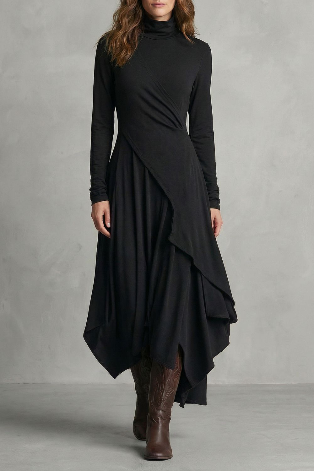 Sorellia - Robe midi asymétrique drapée à col montant