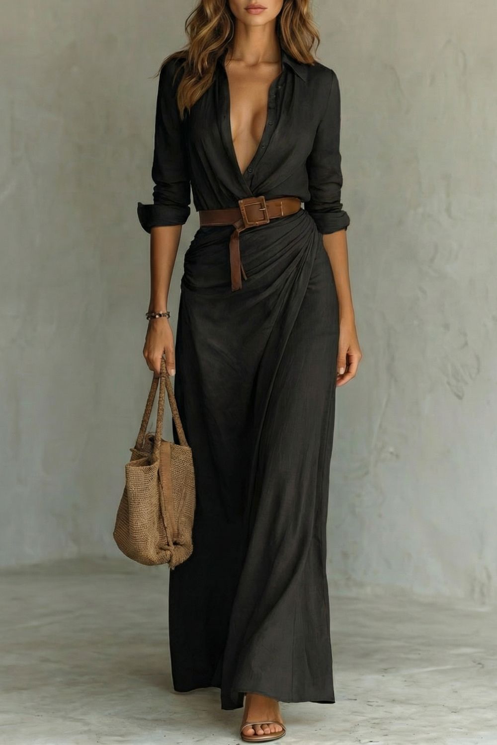 Azura – Robe portefeuille boutonnée – Robe longue ceinturée