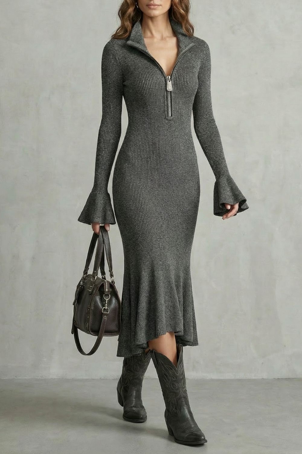 Veloria – Élégance à poignets évasés – Robe midi zippée
