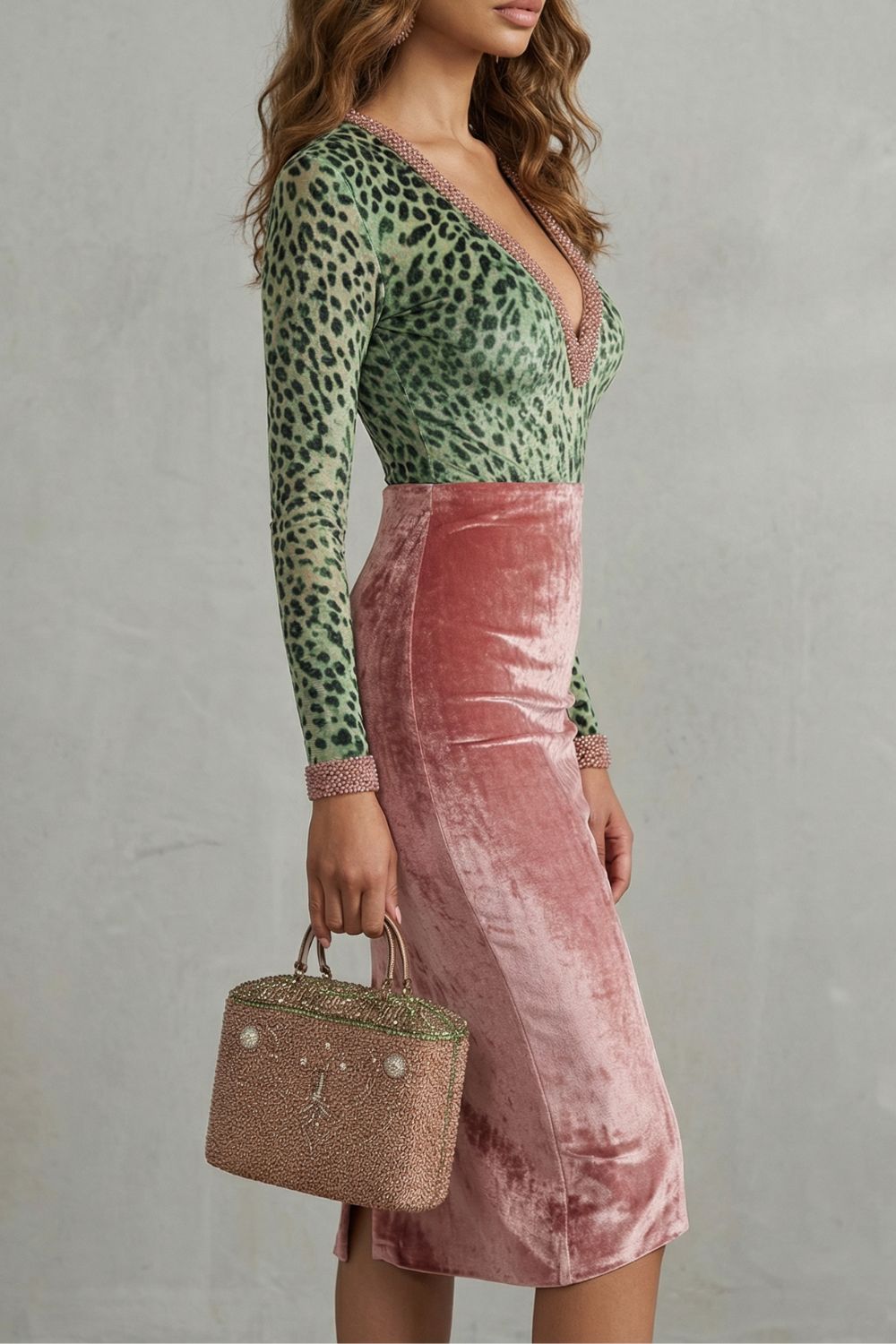 Virelline – Robe midi moulante en velours léopard contrasté