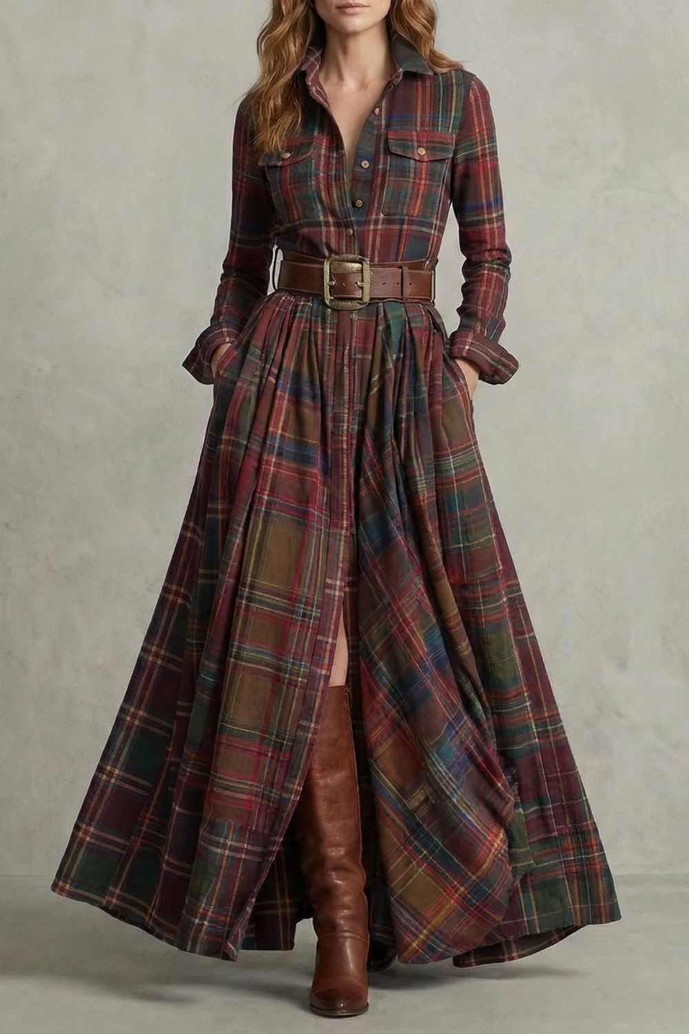 Velerine – Charme des Highlands – Robe-chemise longue à carreaux (ceinture incluse)