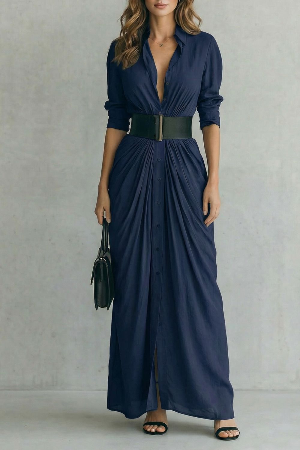 Solenzia - Robe chemise maxi à taille plissée (ceinture incluse)