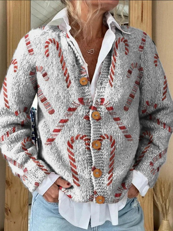Pull cardigan boutonné à motif festif de cannes de Noël