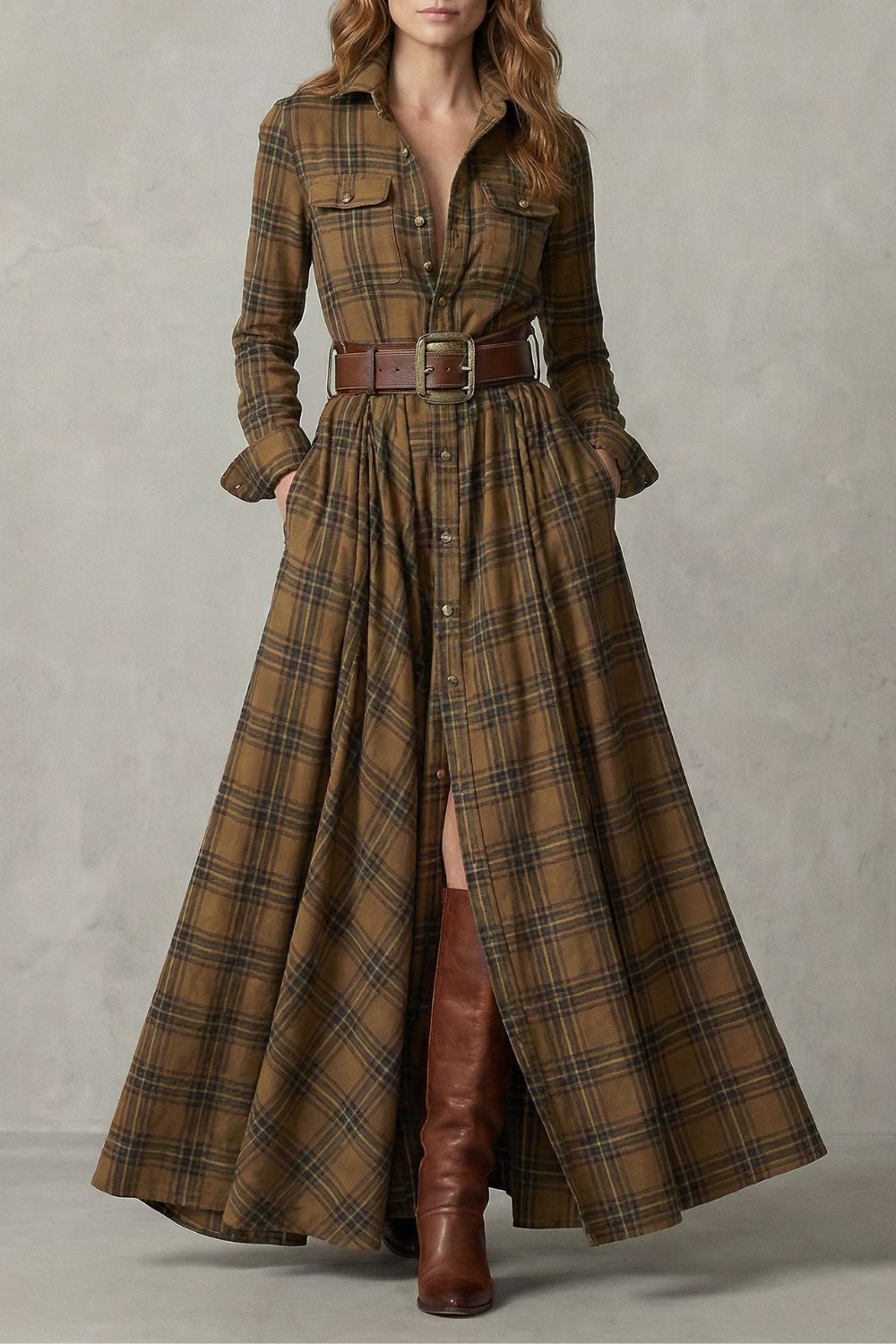 Velerine – Charme des Highlands – Robe-chemise longue à carreaux (ceinture incluse)