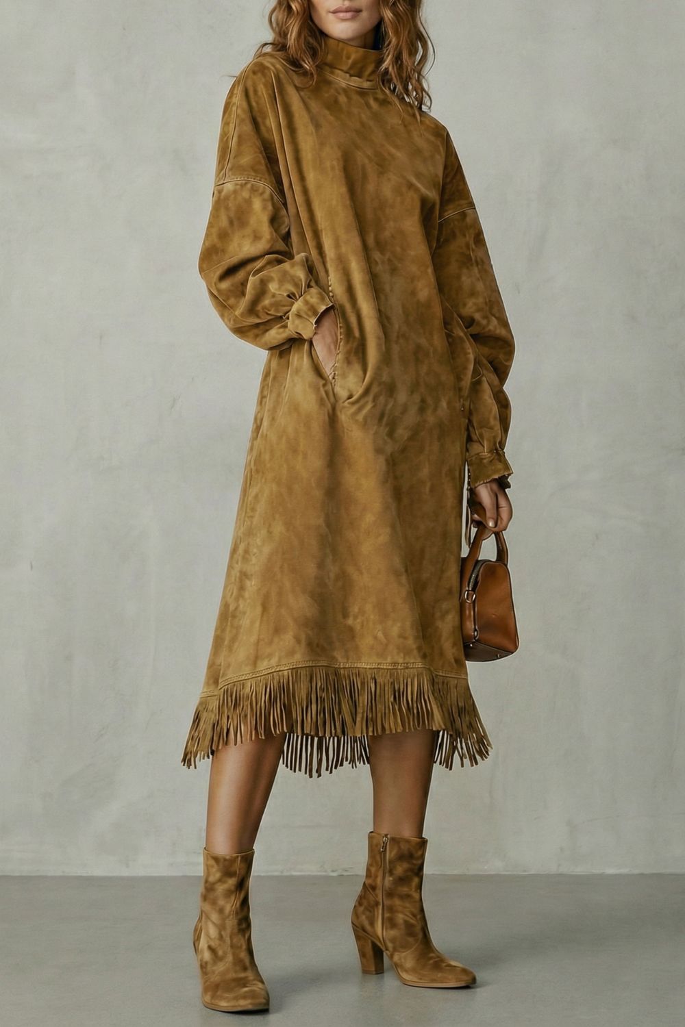 Valdrina – Robe mi-longue à col roulé et franges en daim