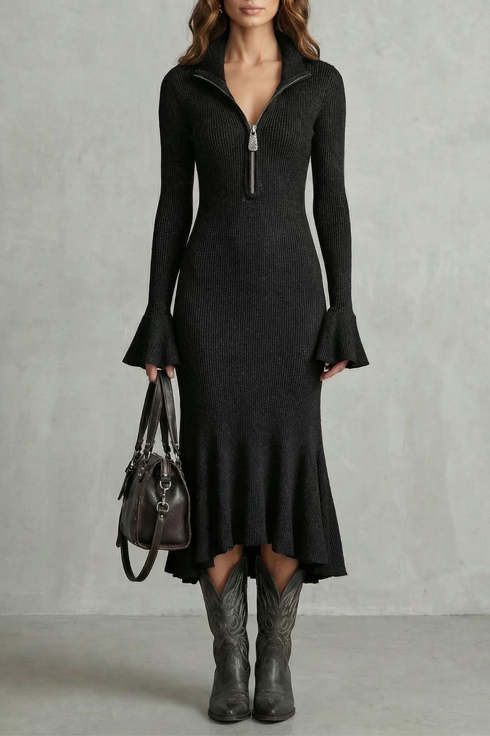 Veloria – Élégance à poignets évasés – Robe midi zippée