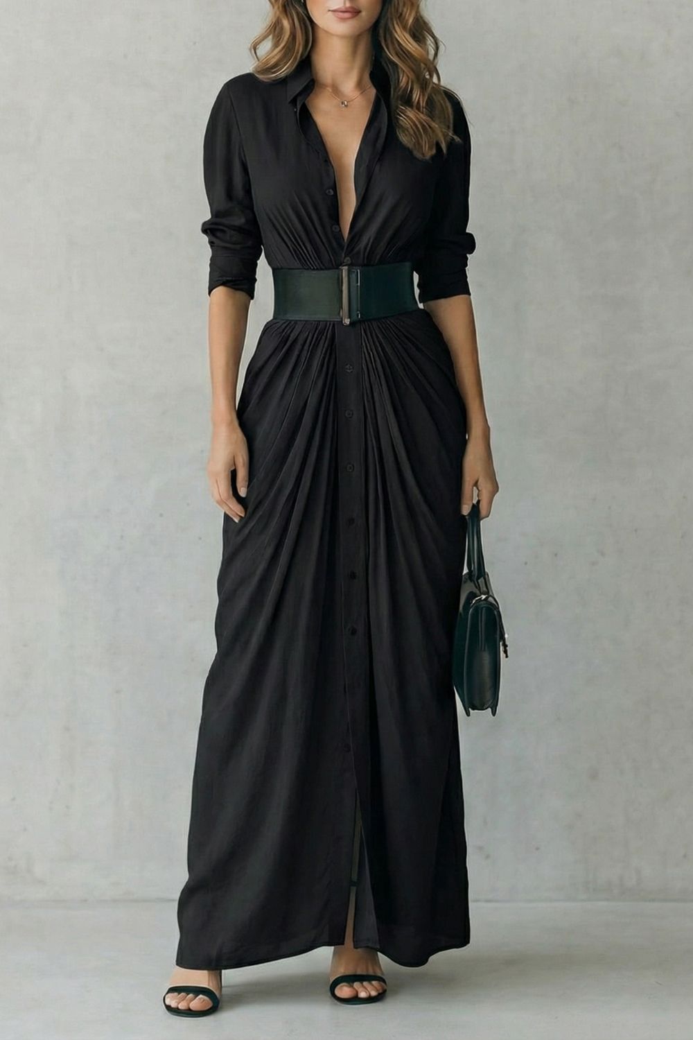 Solenzia - Robe chemise maxi à taille plissée (ceinture incluse)