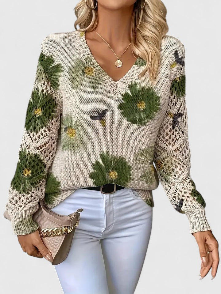 LOVENA | elegant sweater with floral pattern, full sleeves, feminine cut