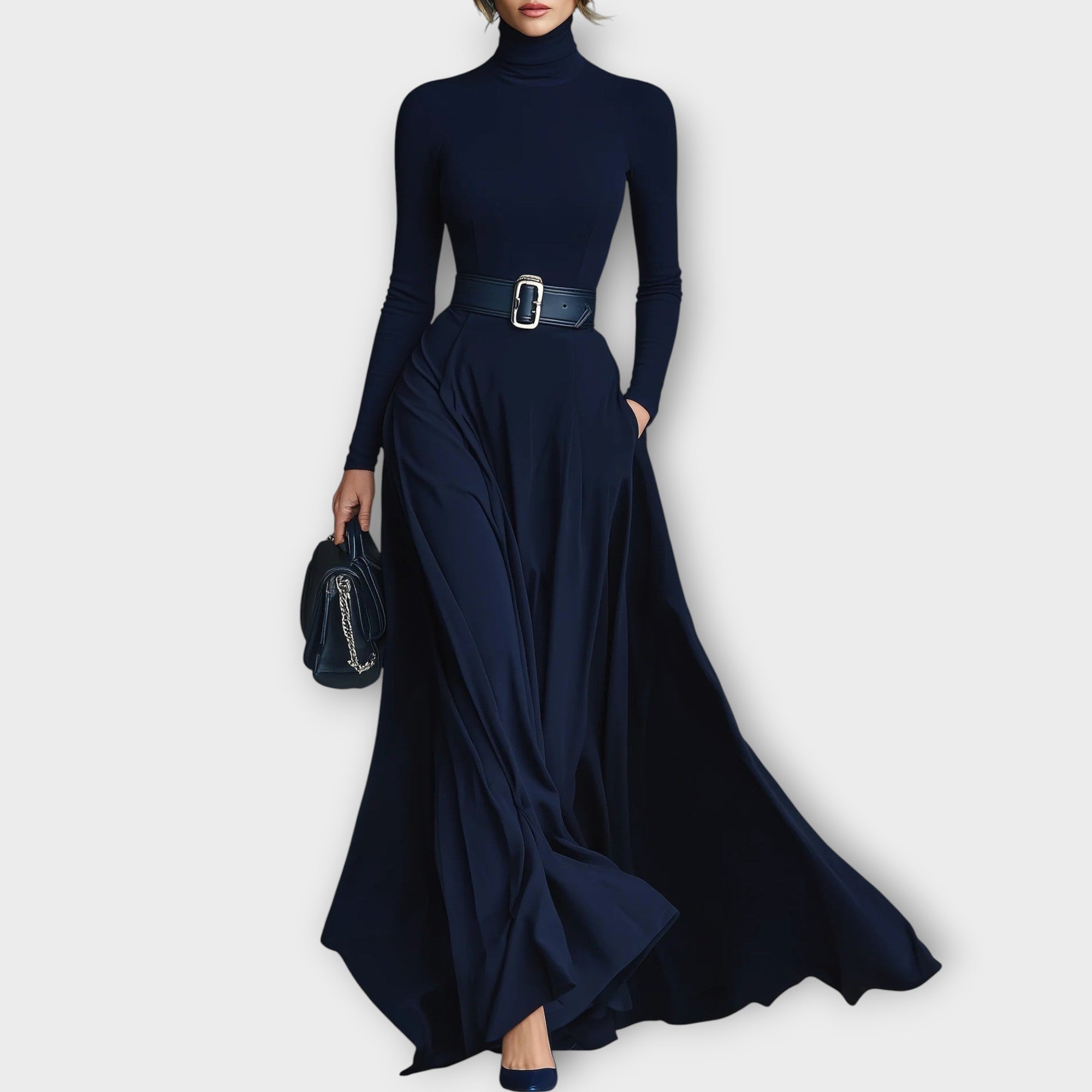 Céline | Robe à col montant ceinturée 