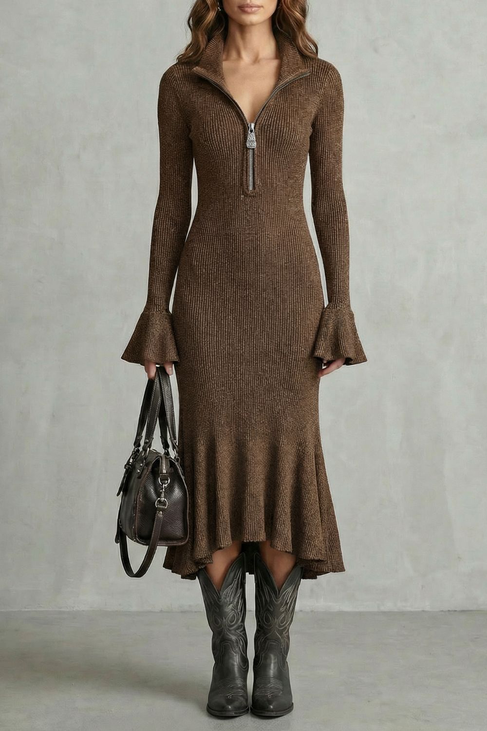 Veloria – Élégance à poignets évasés – Robe midi zippée