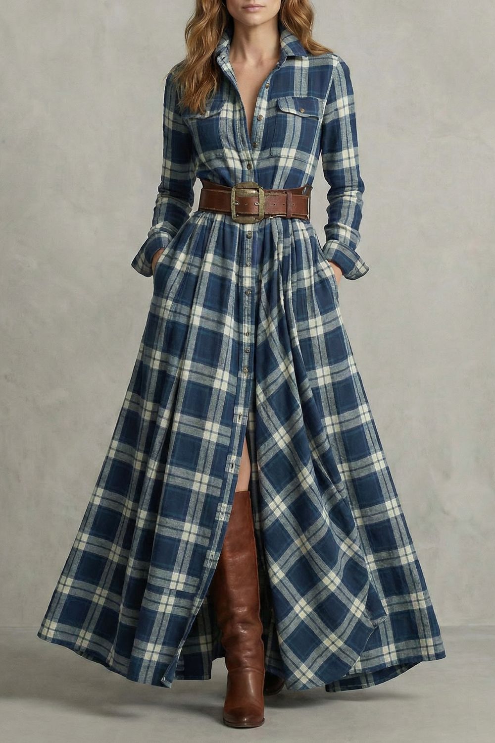 Velerine – Charme des Highlands – Robe-chemise longue à carreaux (ceinture incluse)