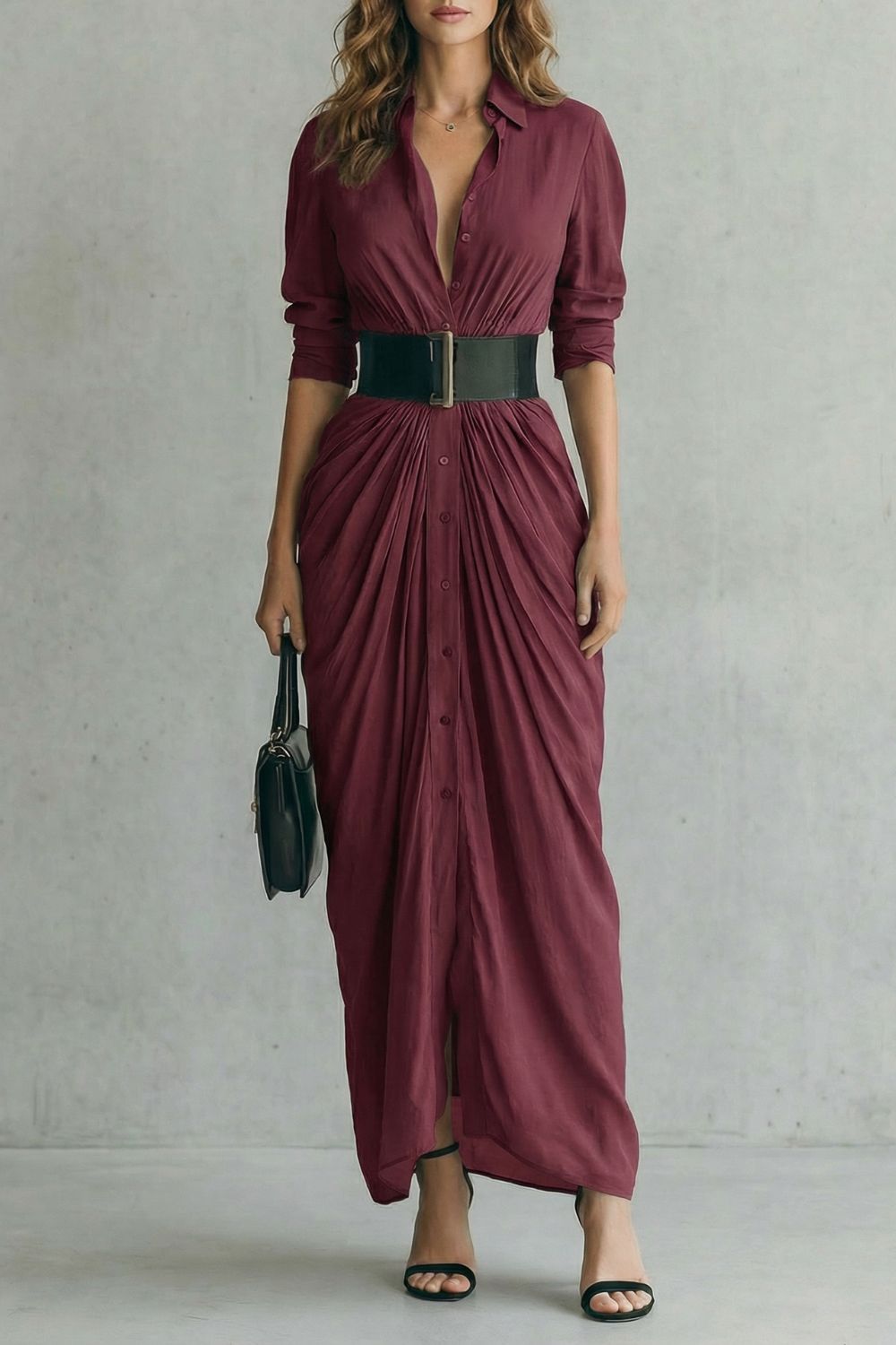 Solenzia - Robe chemise maxi à taille plissée (ceinture incluse)